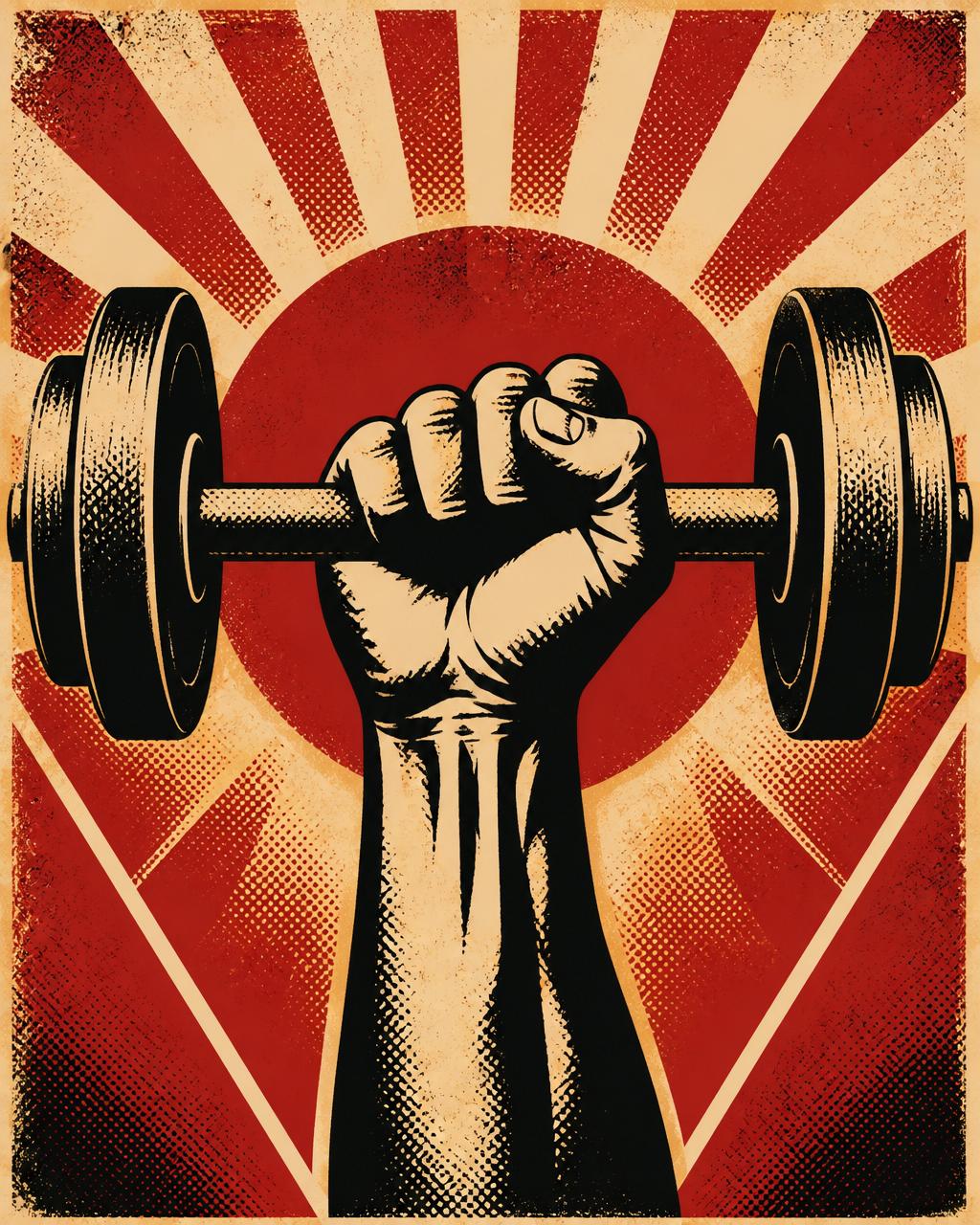 Clenched fist raised, gripping a barbell — protest poster